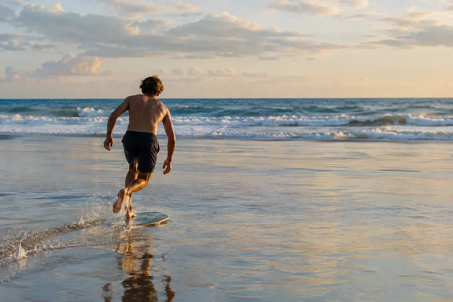 A skimboarder rides across shallow water on a beach with the shorebreak in the background.