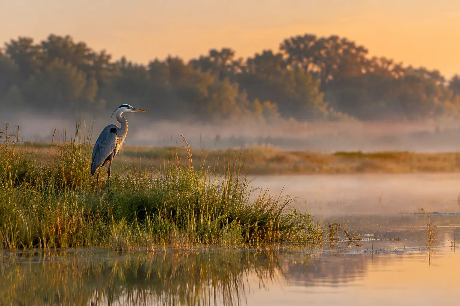 A great blue heron stands in a quiet marsh at sunrise.