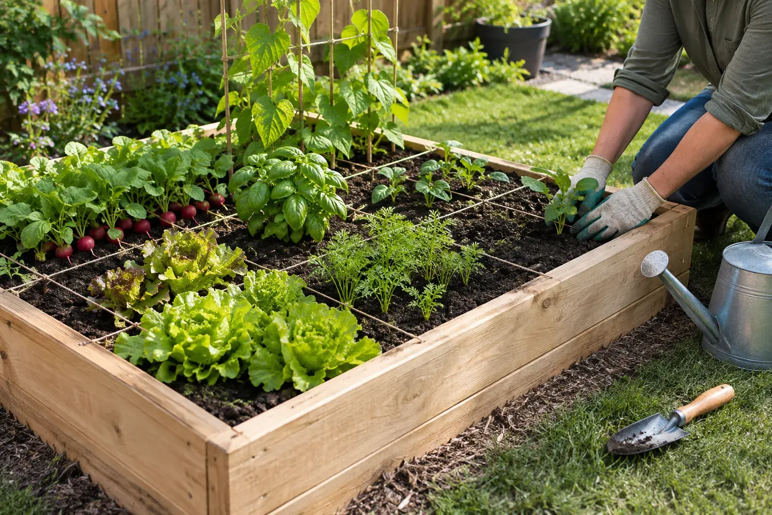 A gridded raised bed with vegetables and a gardener planting a seedling.