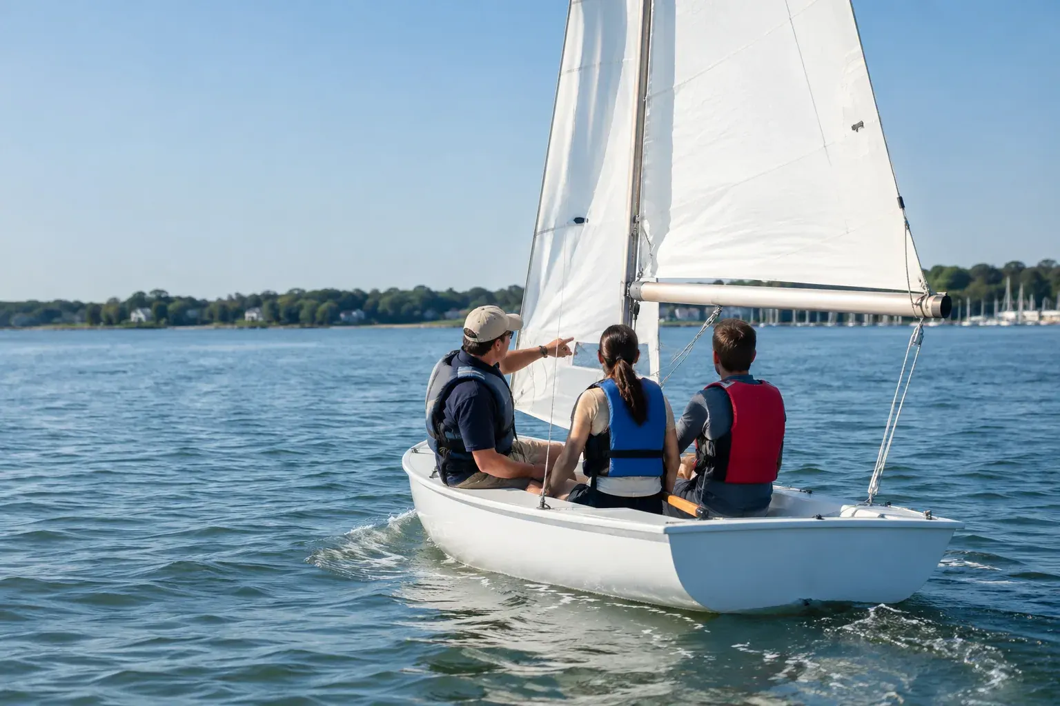 An instructor guides two beginners aboard a small sailboat on a calm bay.