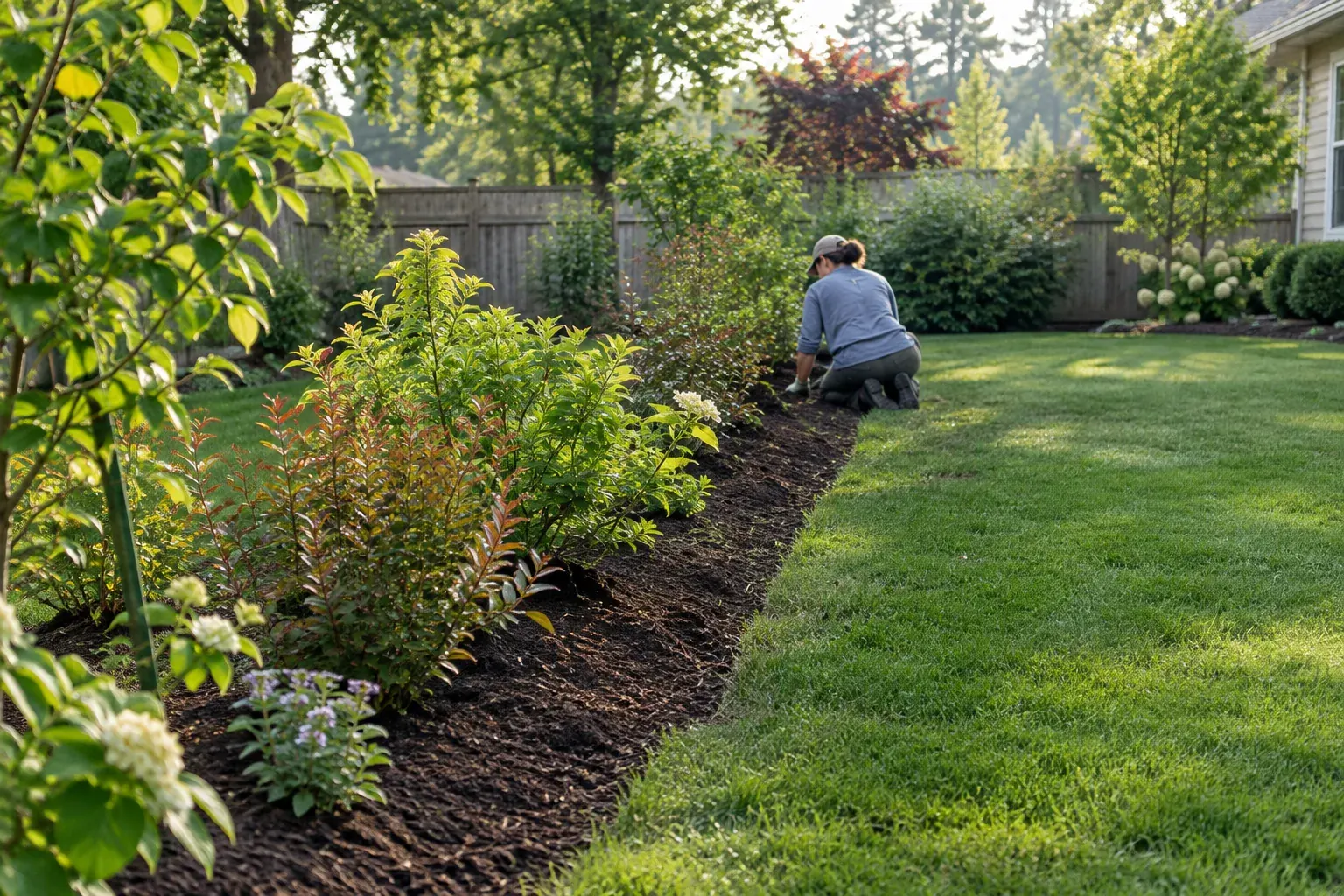 A gardener planting young shrubs in a mulched backyard hedge row