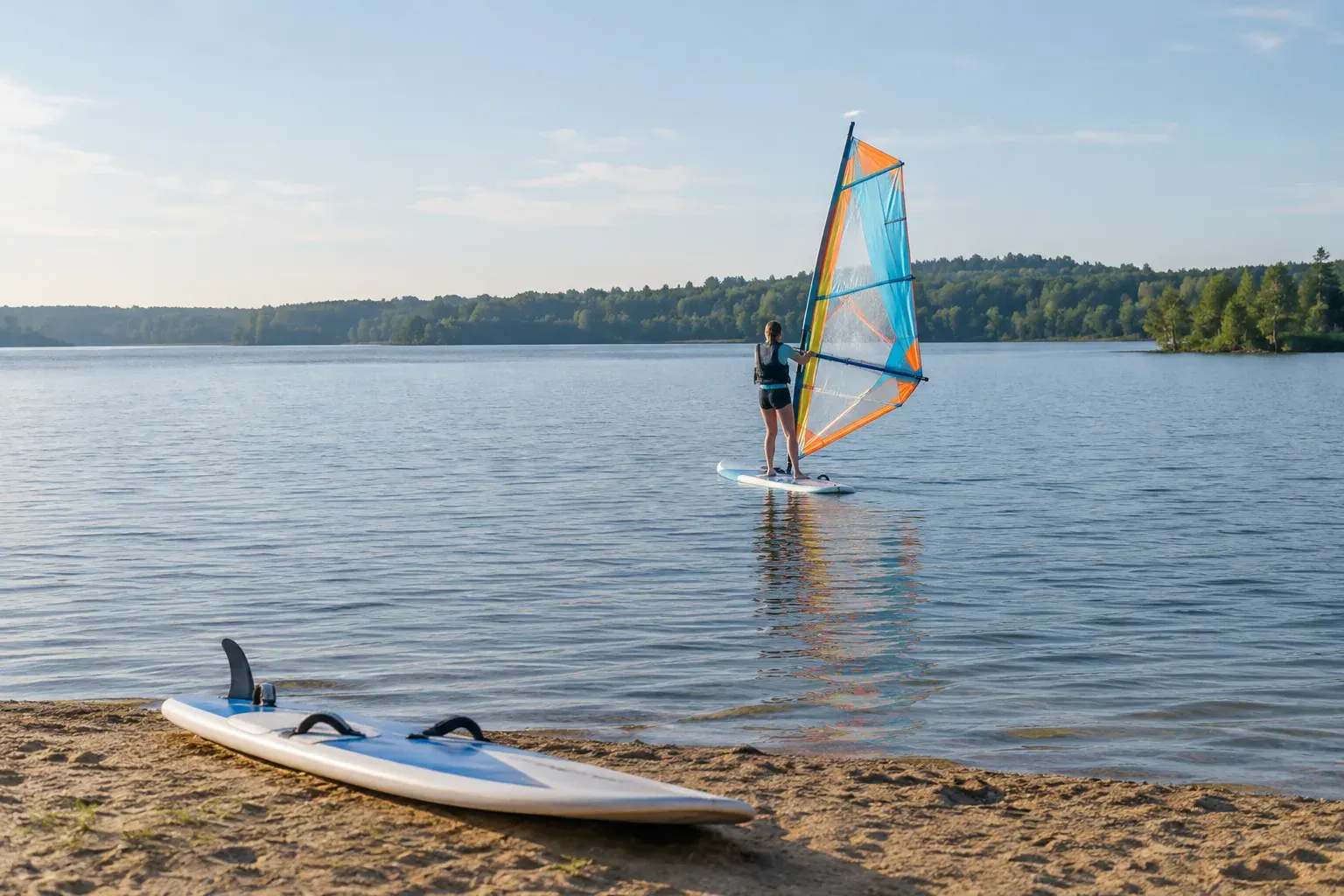 A beginner windsurfer practices on a wide board near a calm lake shore.