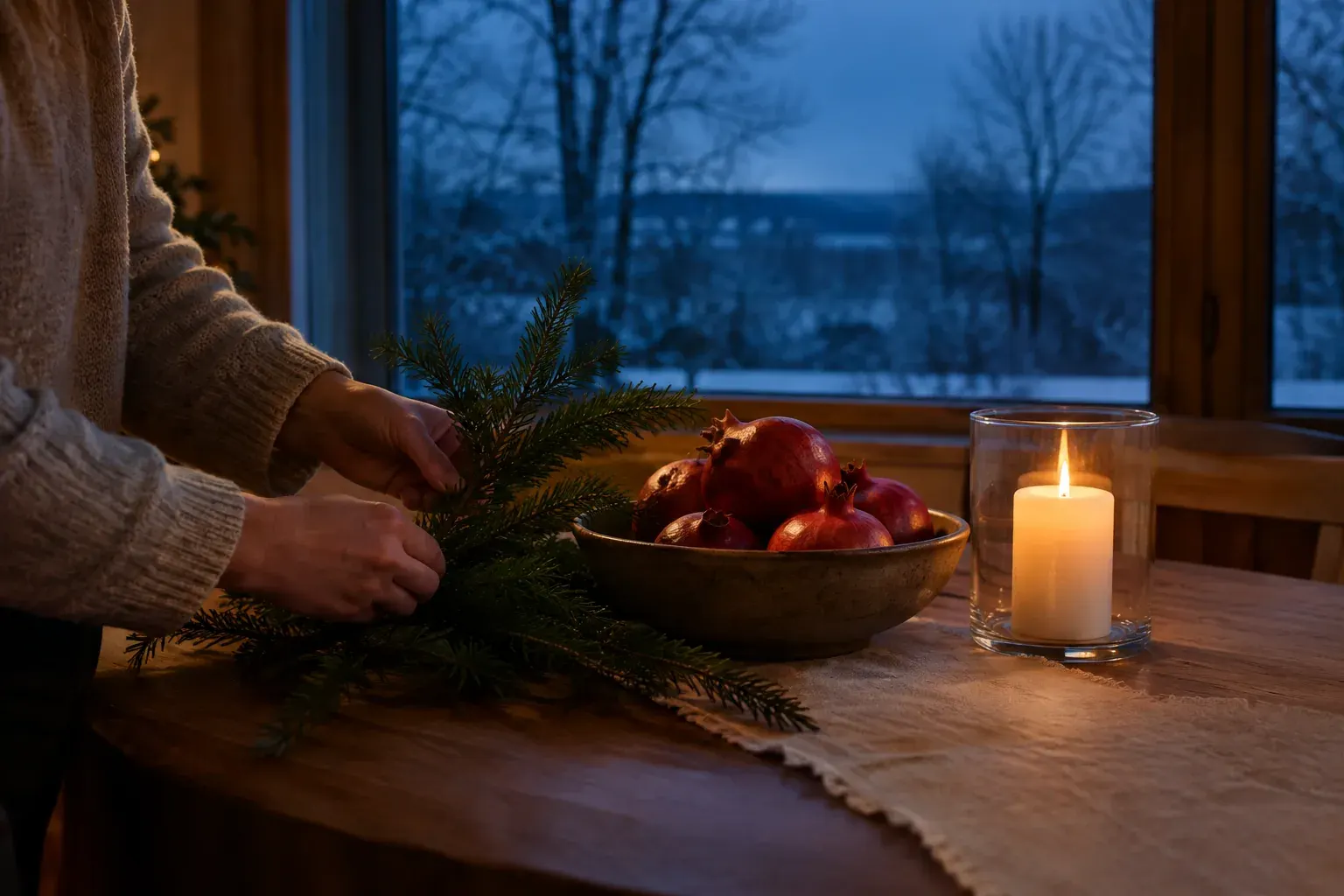 Hands arrange an evergreen branch and pomegranates on a table beside a candle on a winter evening.