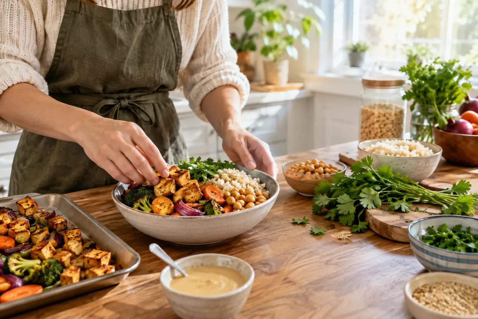 Hands arranging chickpea tofu, vegetables, rice, and chickpeas for a soy-free vegan meal