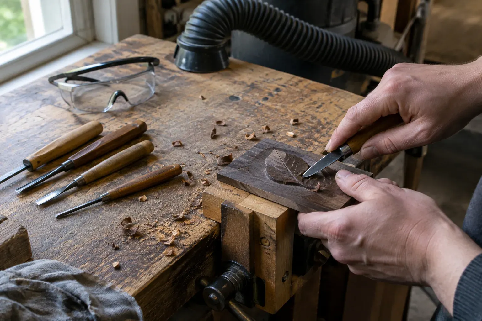 Hands carve a small dark hardwood relief at a workshop bench with hand tools and dust protection nearby.