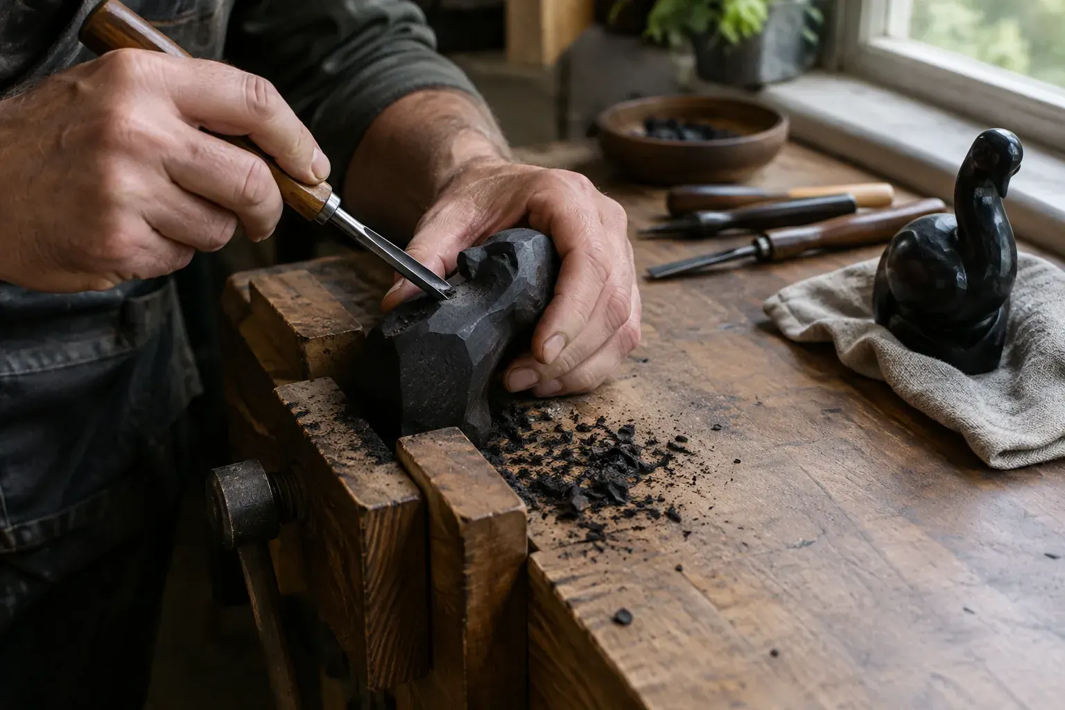 Hands carving a dark ebony sculpture at a workbench beside a polished finished piece.