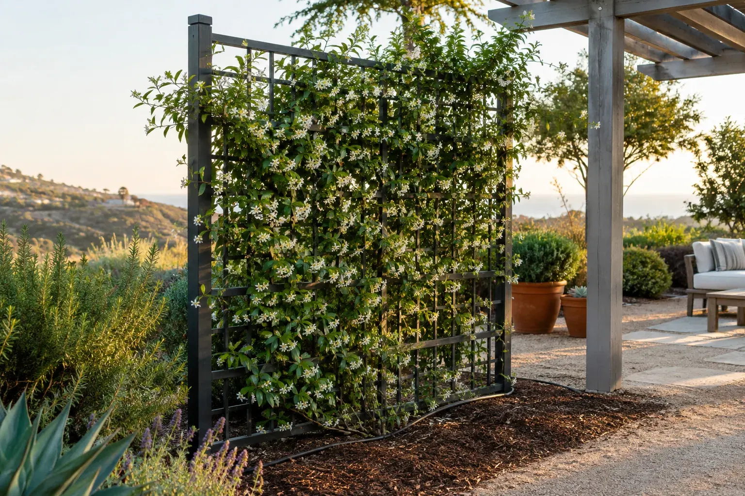 Star jasmine trained on a freestanding trellis in a dry-summer garden