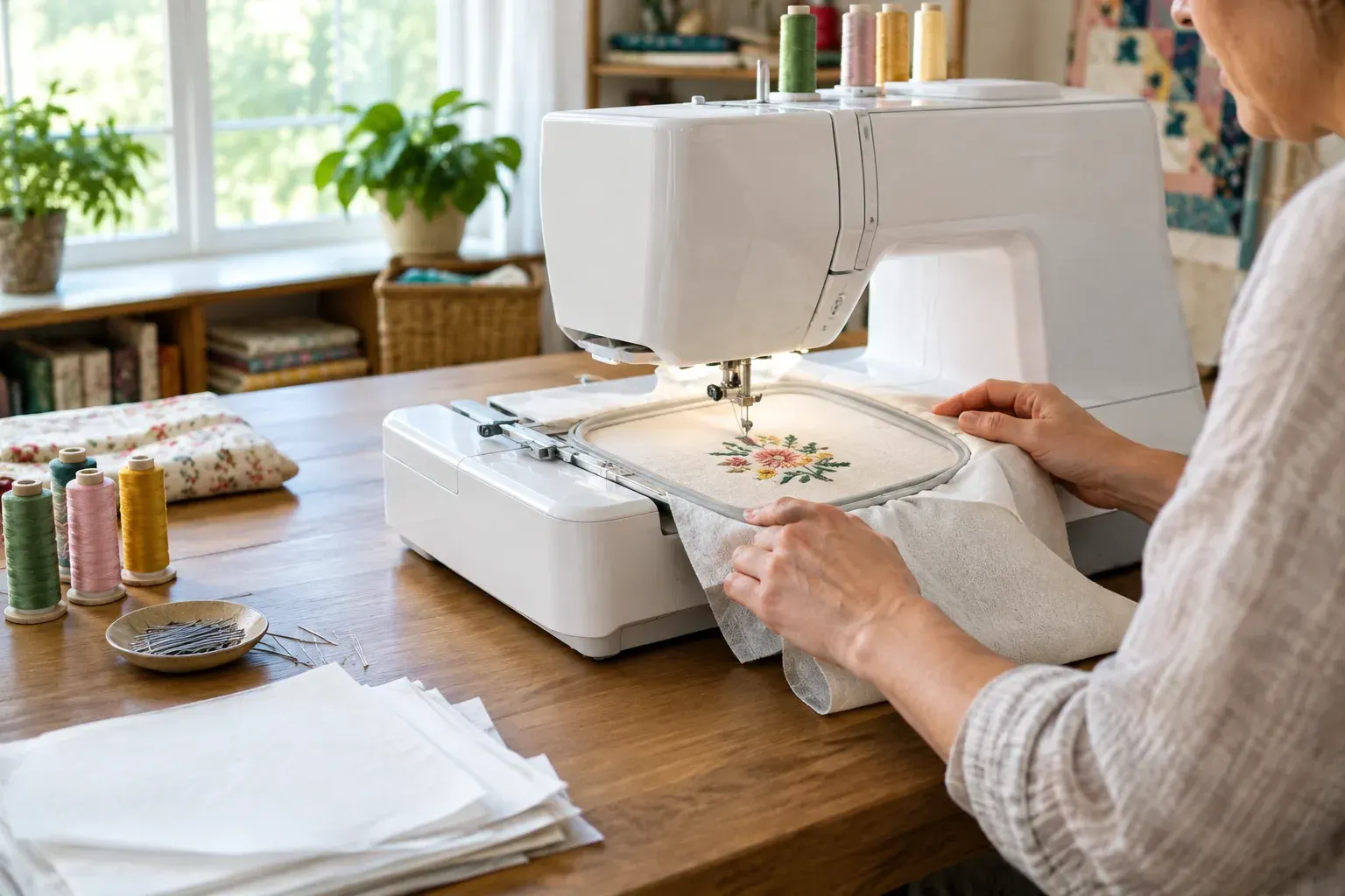Embroidery machine stitching a floral design on hooped cotton beside thread and stabilizer