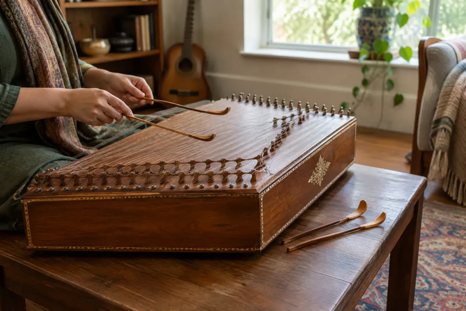 A wooden santoor and two playing hammers on a table in a softly lit music room.