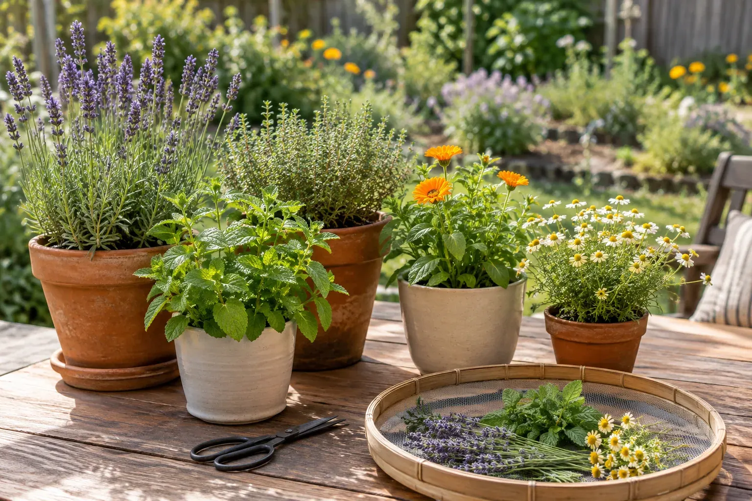 Pots of lavender, peppermint, thyme, calendula and chamomile beside a rack of drying herbs