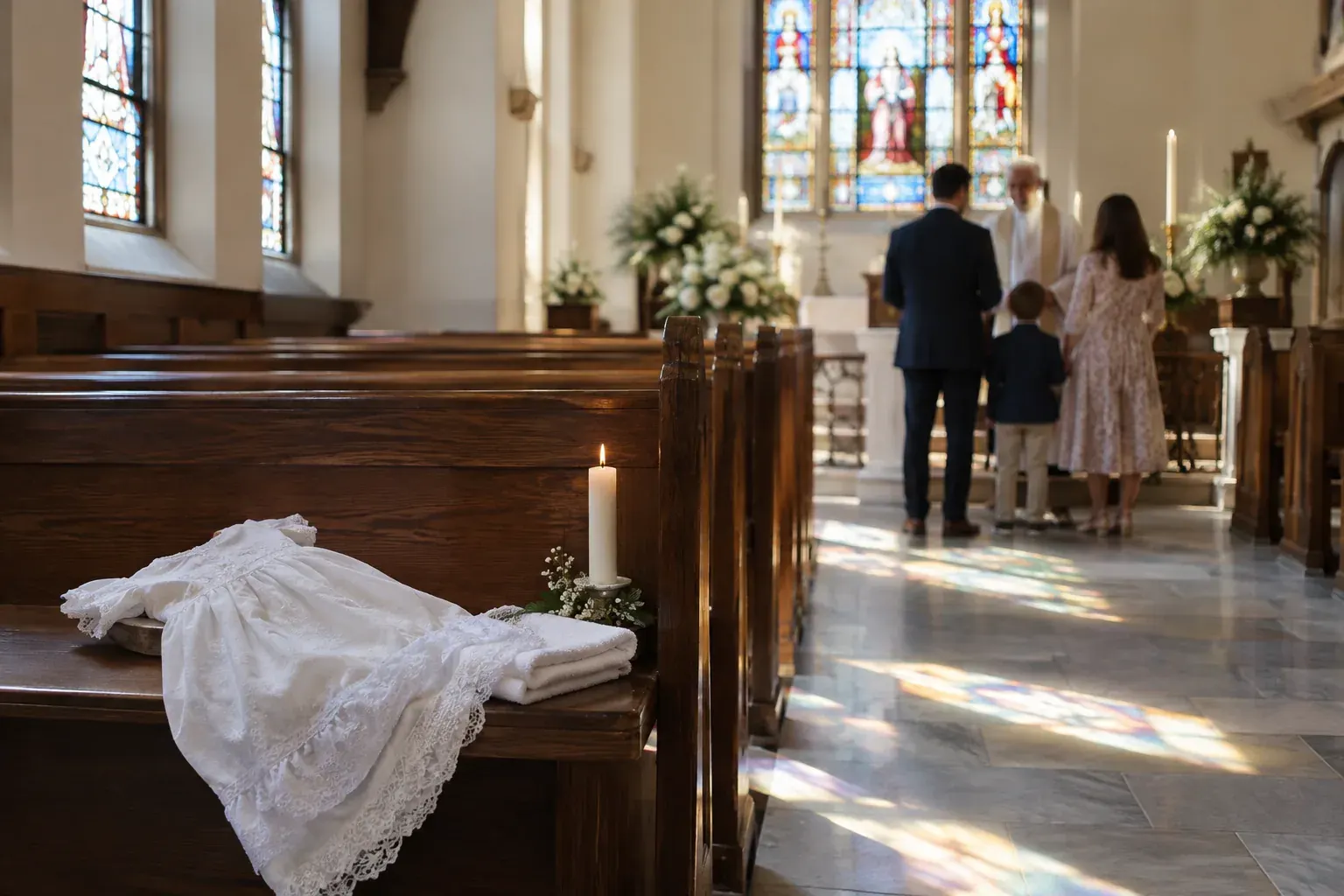 Baptism garment and candle on a church pew as a family prepares for the ceremony