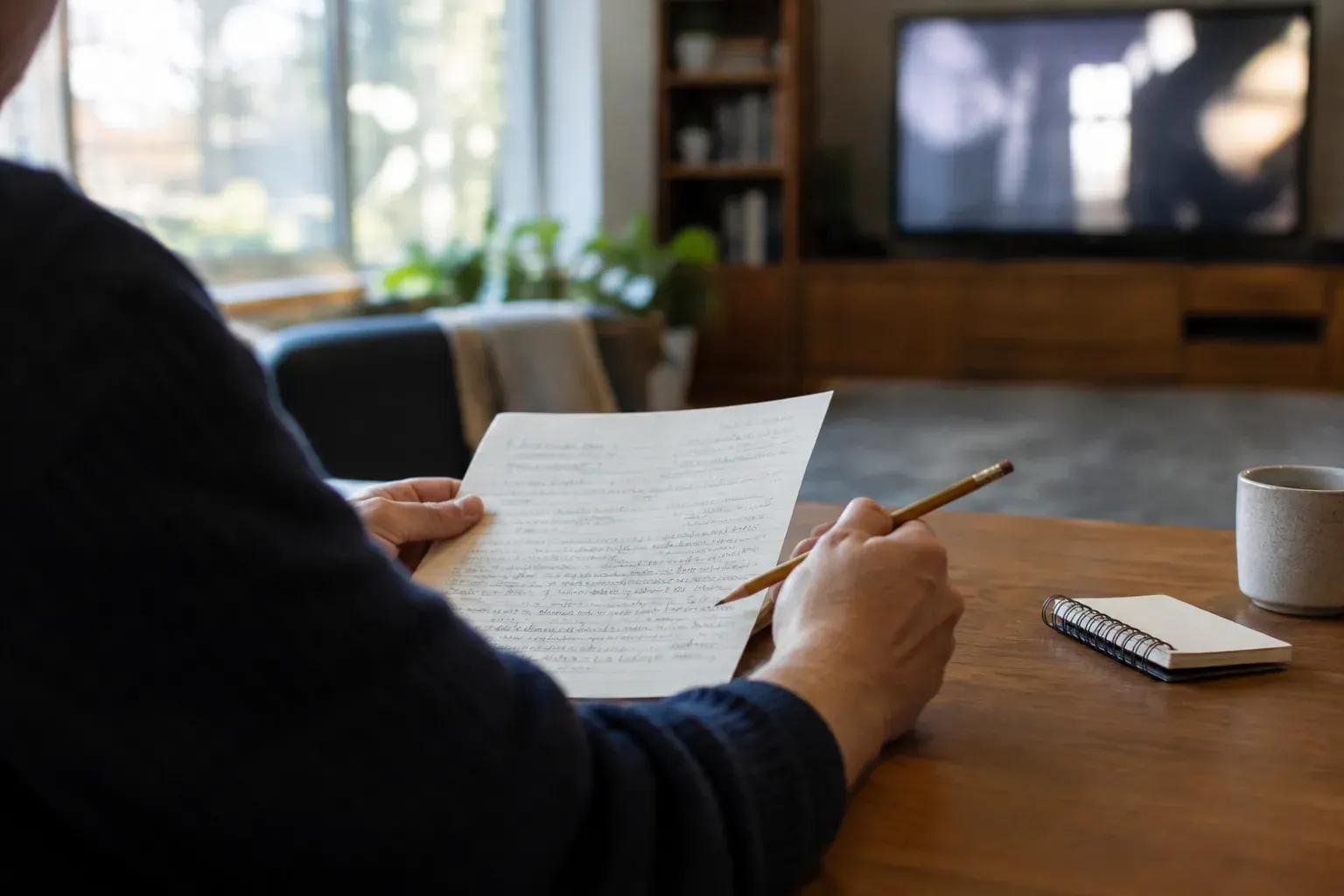 A writer’s hands organize movie-review notes at a desk beside a softly lit screen.