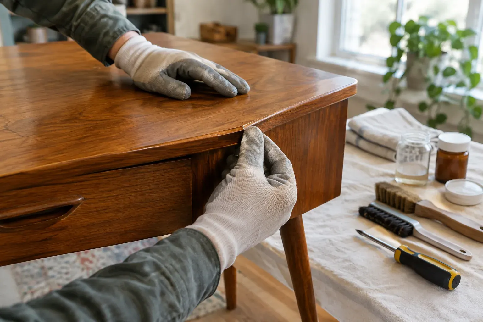 Gloved hands inspect a lifted veneer edge on a vintage wooden table in a workshop.