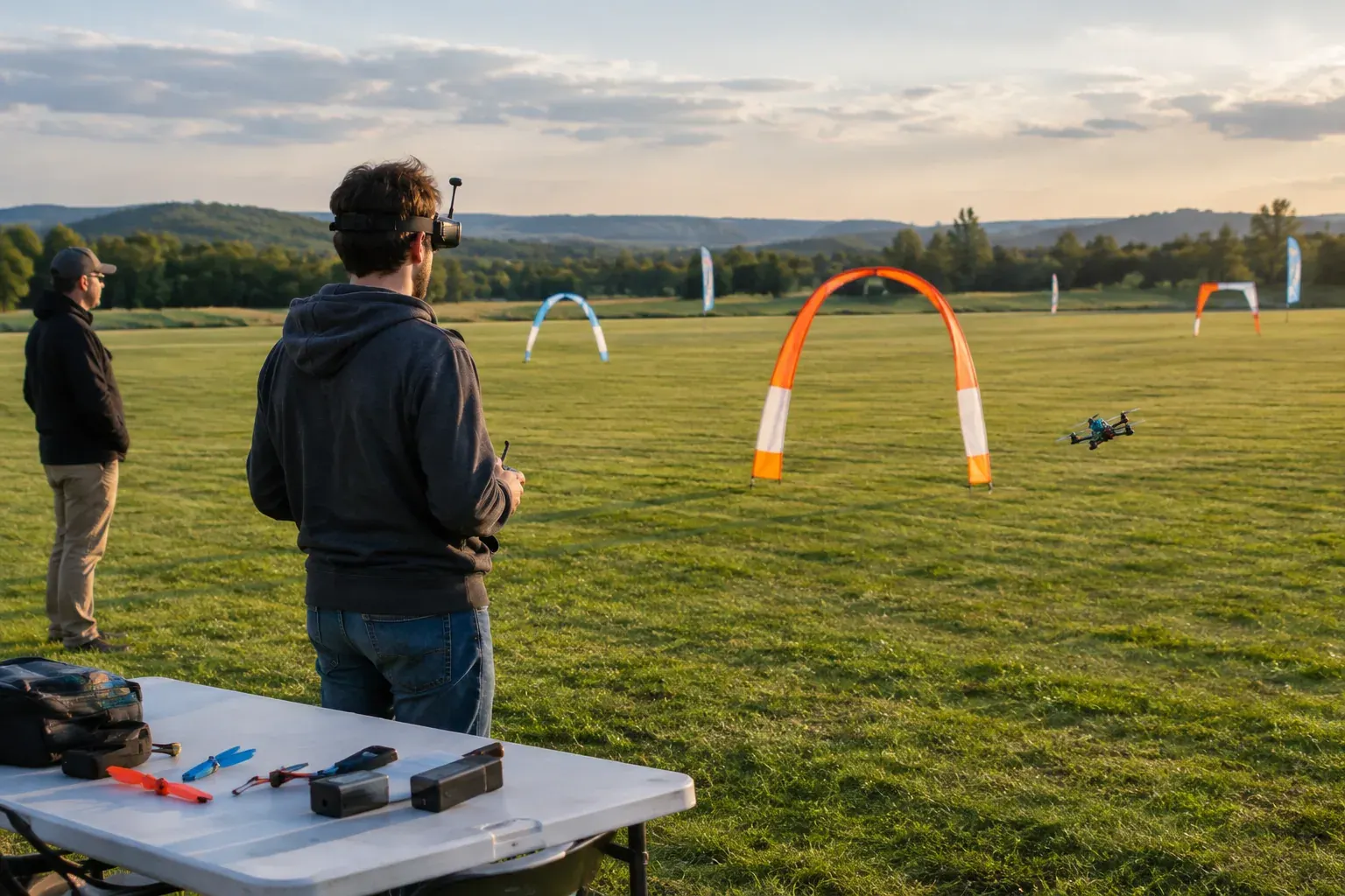 A beginner practices FPV drone racing at an outdoor field with a visual observer nearby.