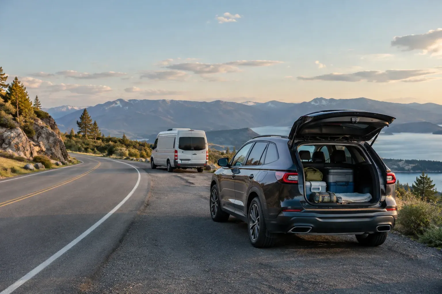 An unbranded SUV and camper van at a scenic roadside overlook.