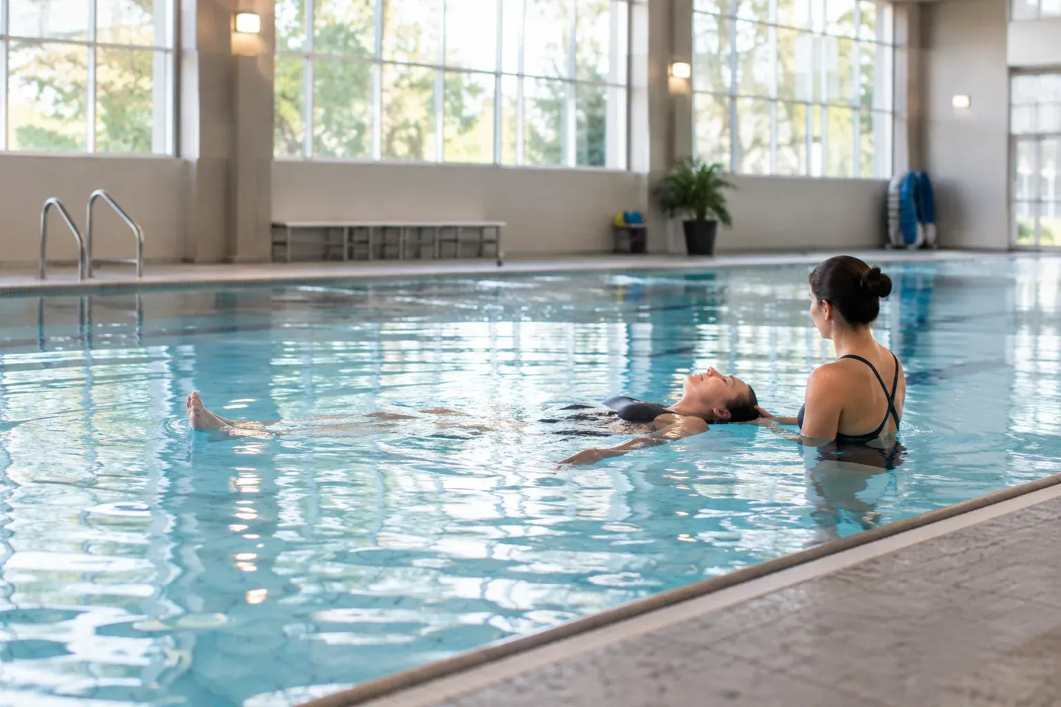 An adult beginner practices a supported back float with an instructor in a community pool.