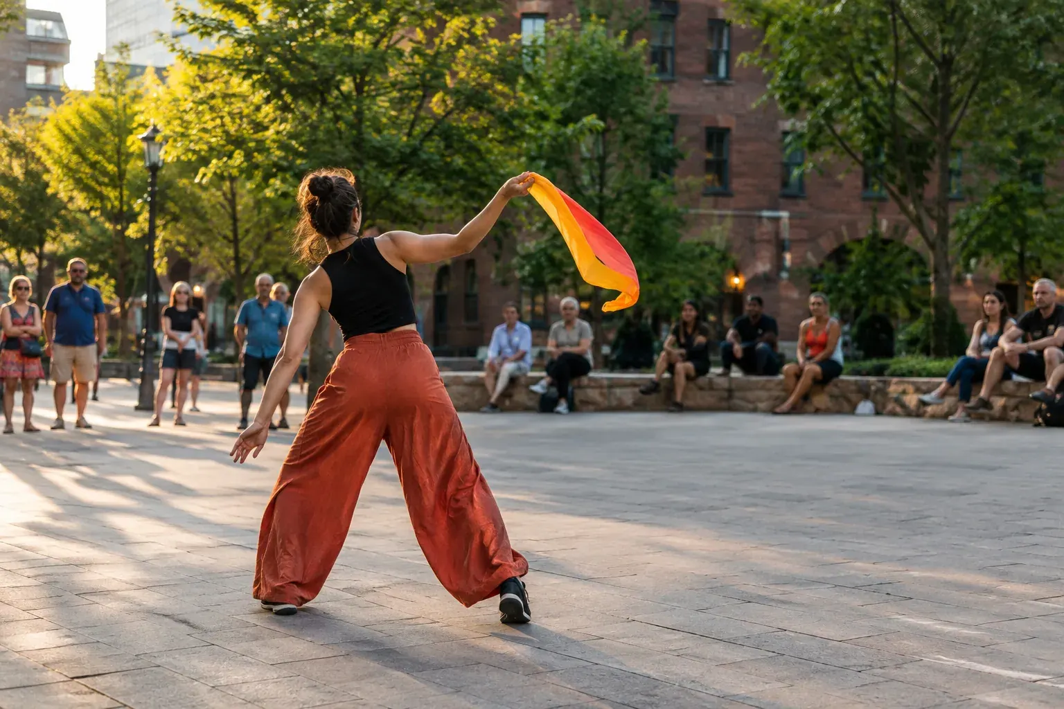 A street performer entertains a small audience in an open city plaza.