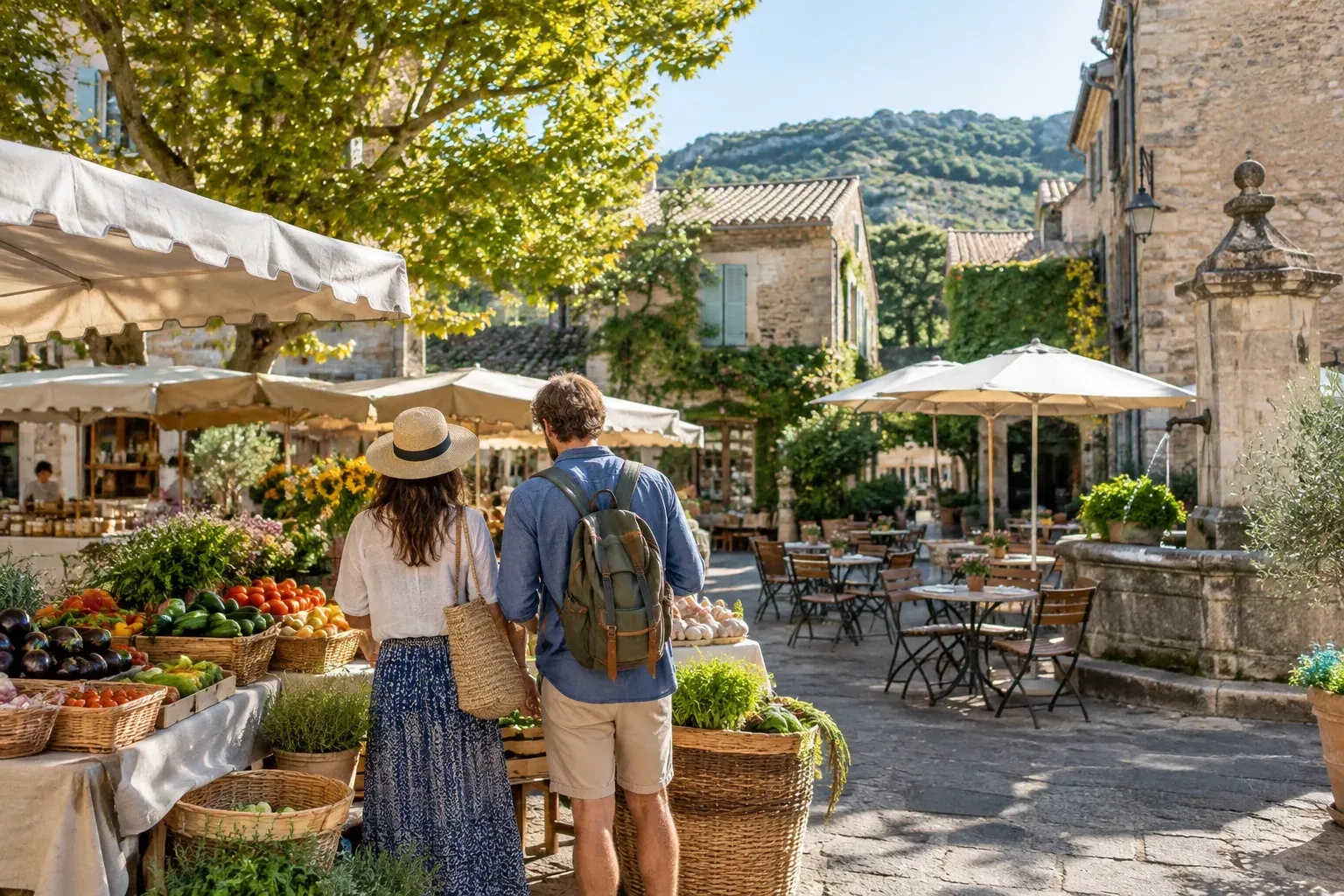 Travelers browse a lively market square beside a café in a French town.