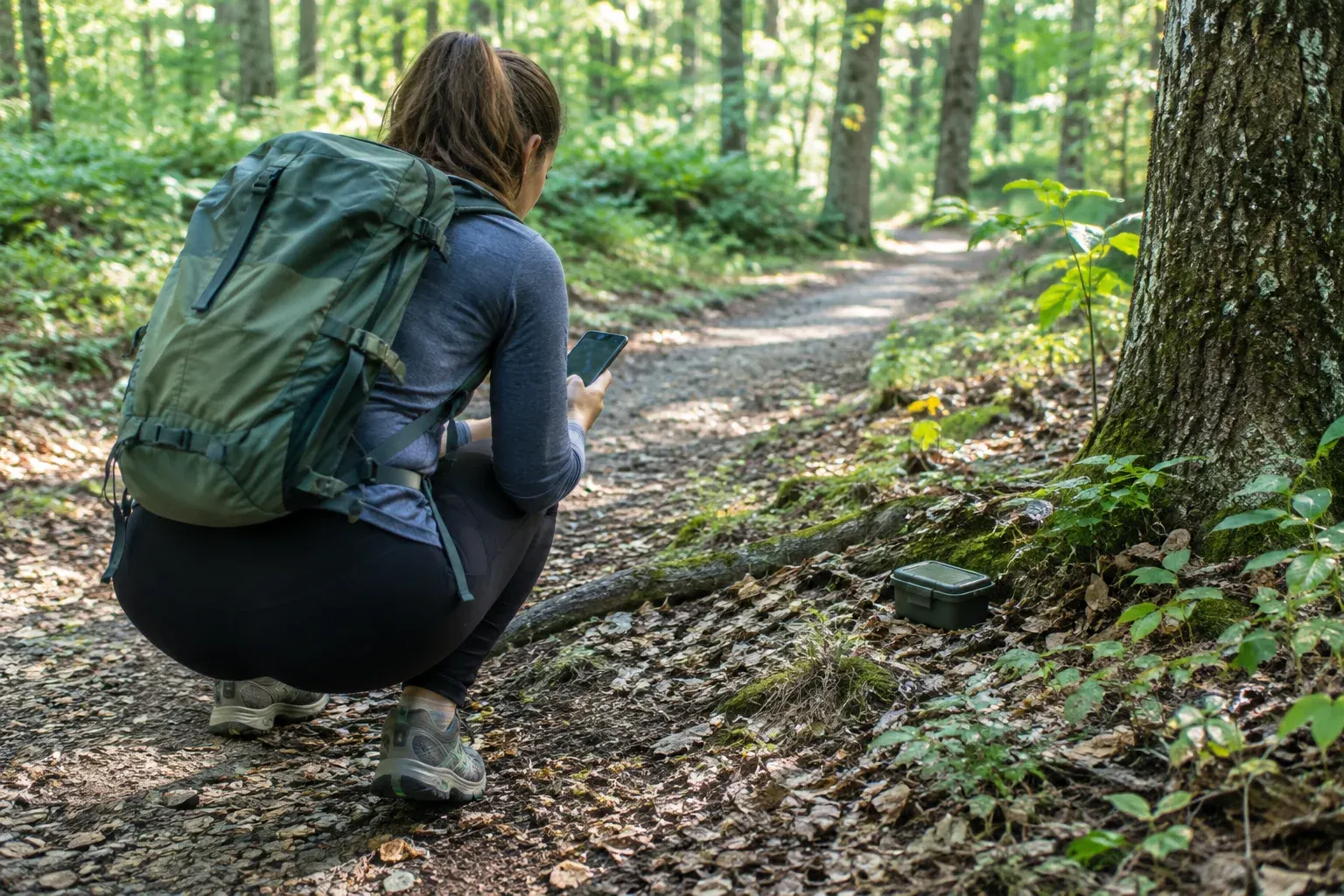 A visitor checks a phone beside a small geocache hidden near a wooded trail.