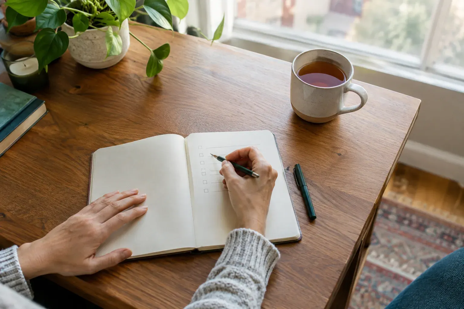 Hands writing a short checklist at a home desk in soft morning light.