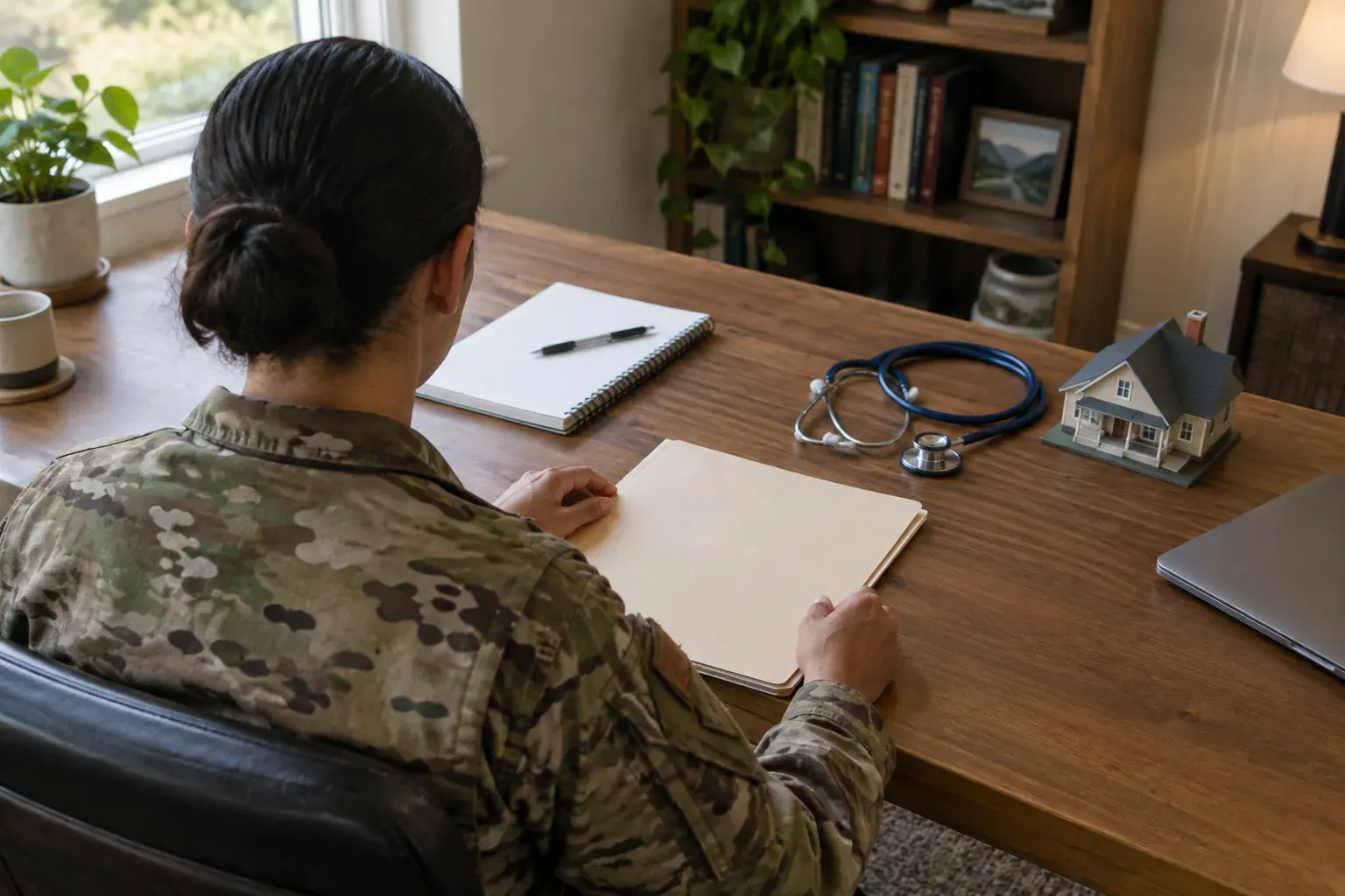 A service member reviews enlistment papers beside a notebook, stethoscope and model house.