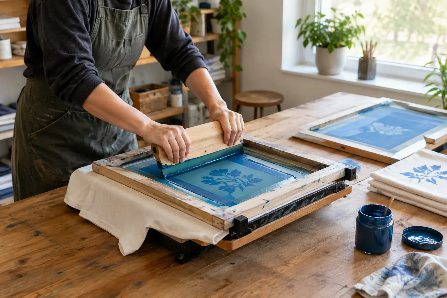 Hands pulling a squeegee over a screen to print a one-color design on a T-shirt