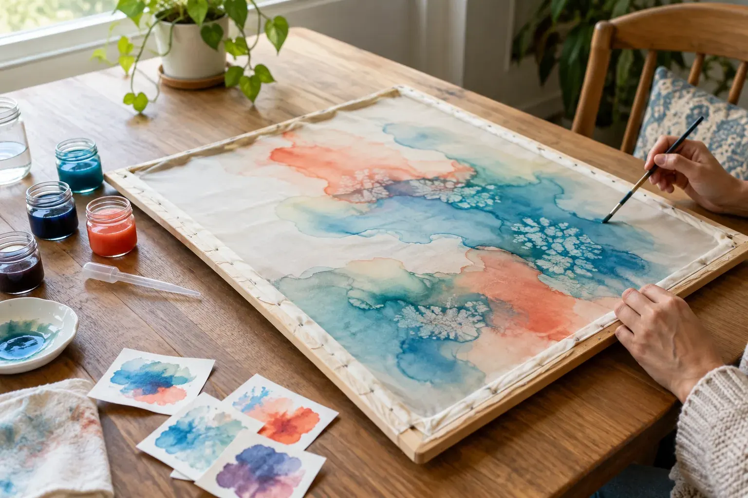 A silk scarf stretched on a frame beside brushes, dye jars and color test swatches