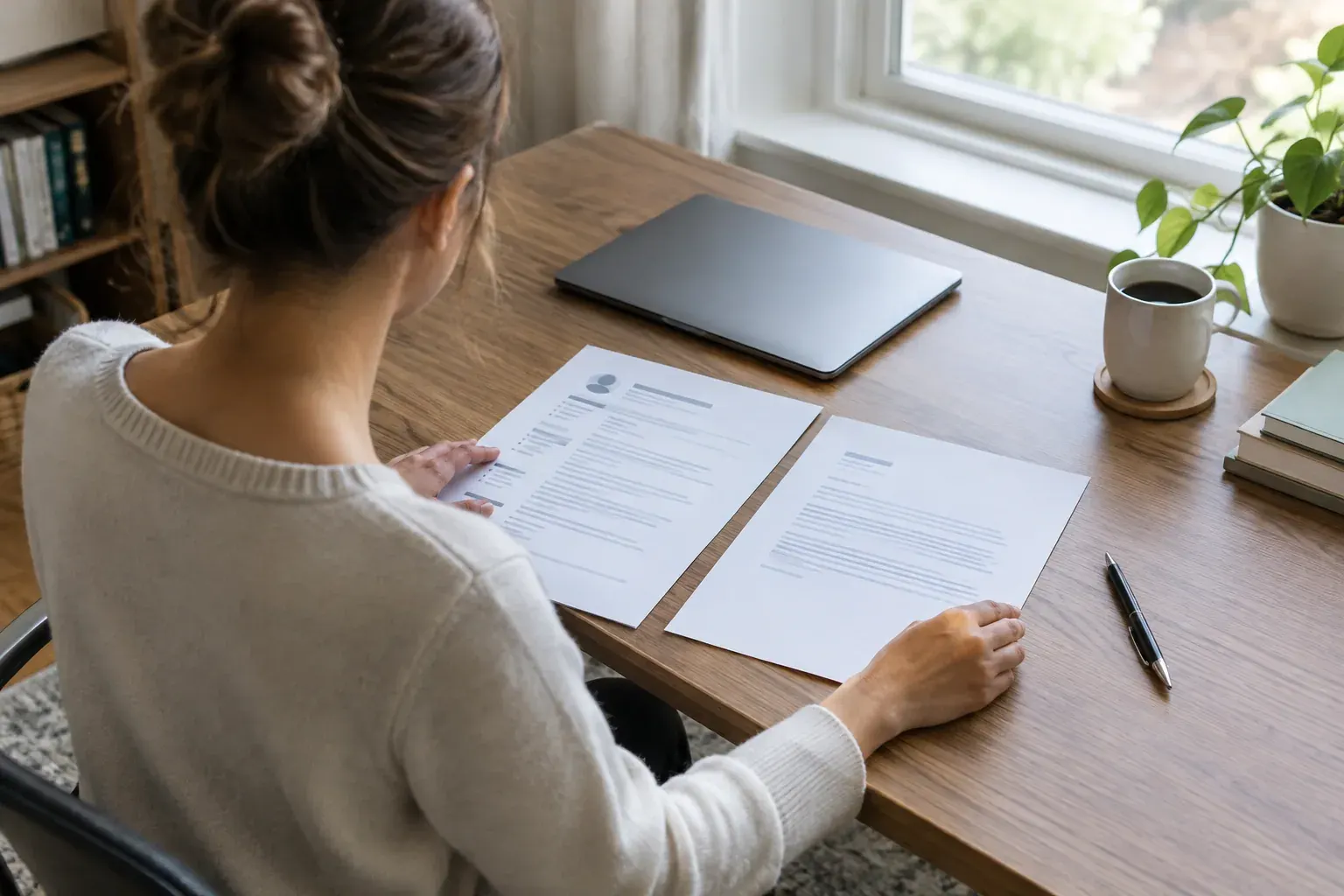 Hands arrange a resume and cover letter on a home desk beside a laptop.