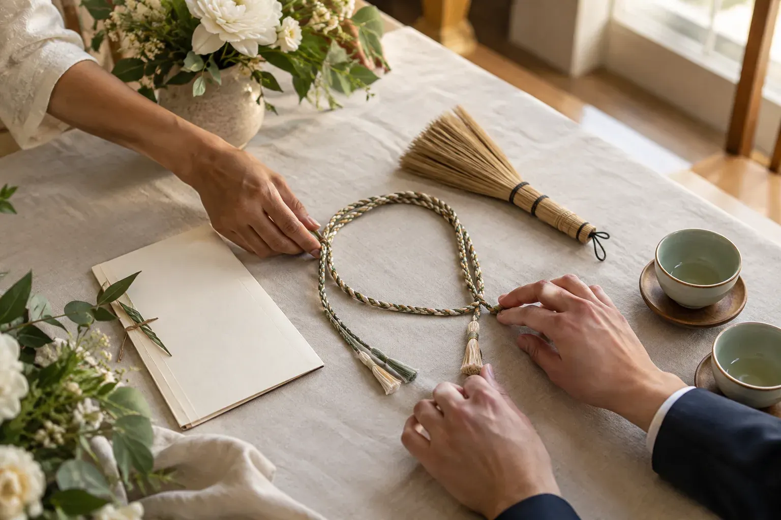 Wedding planning table with a ceremonial cord, broom and tea cups arranged thoughtfully