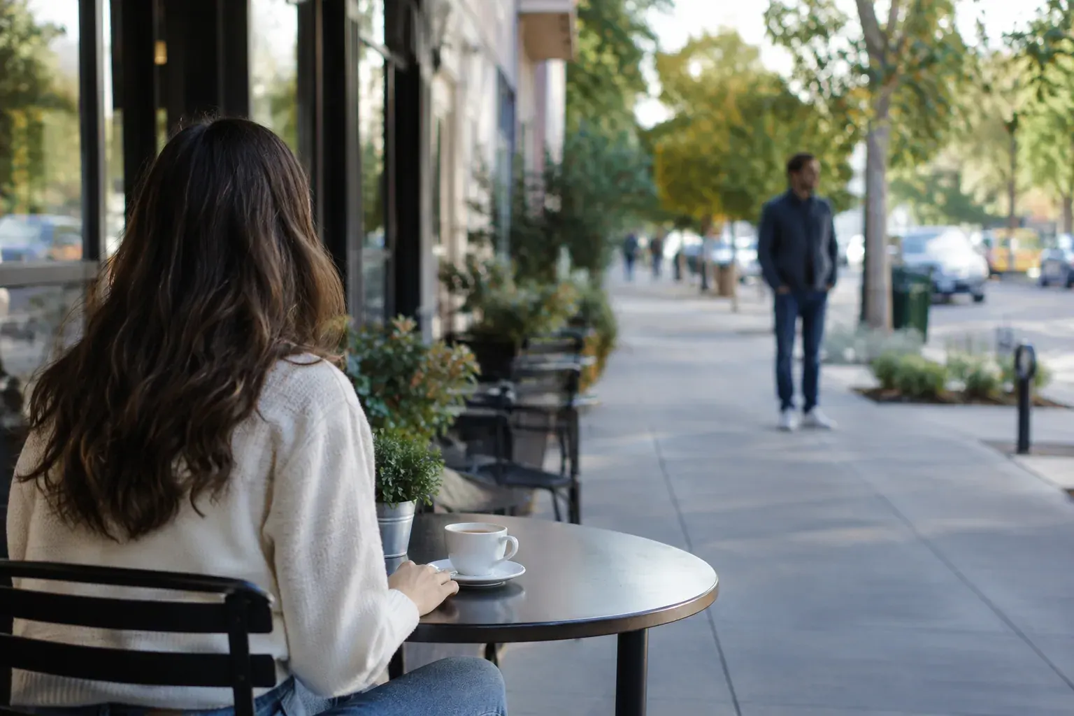 A woman at an outdoor cafe notices a man looking her way from across a city sidewalk.