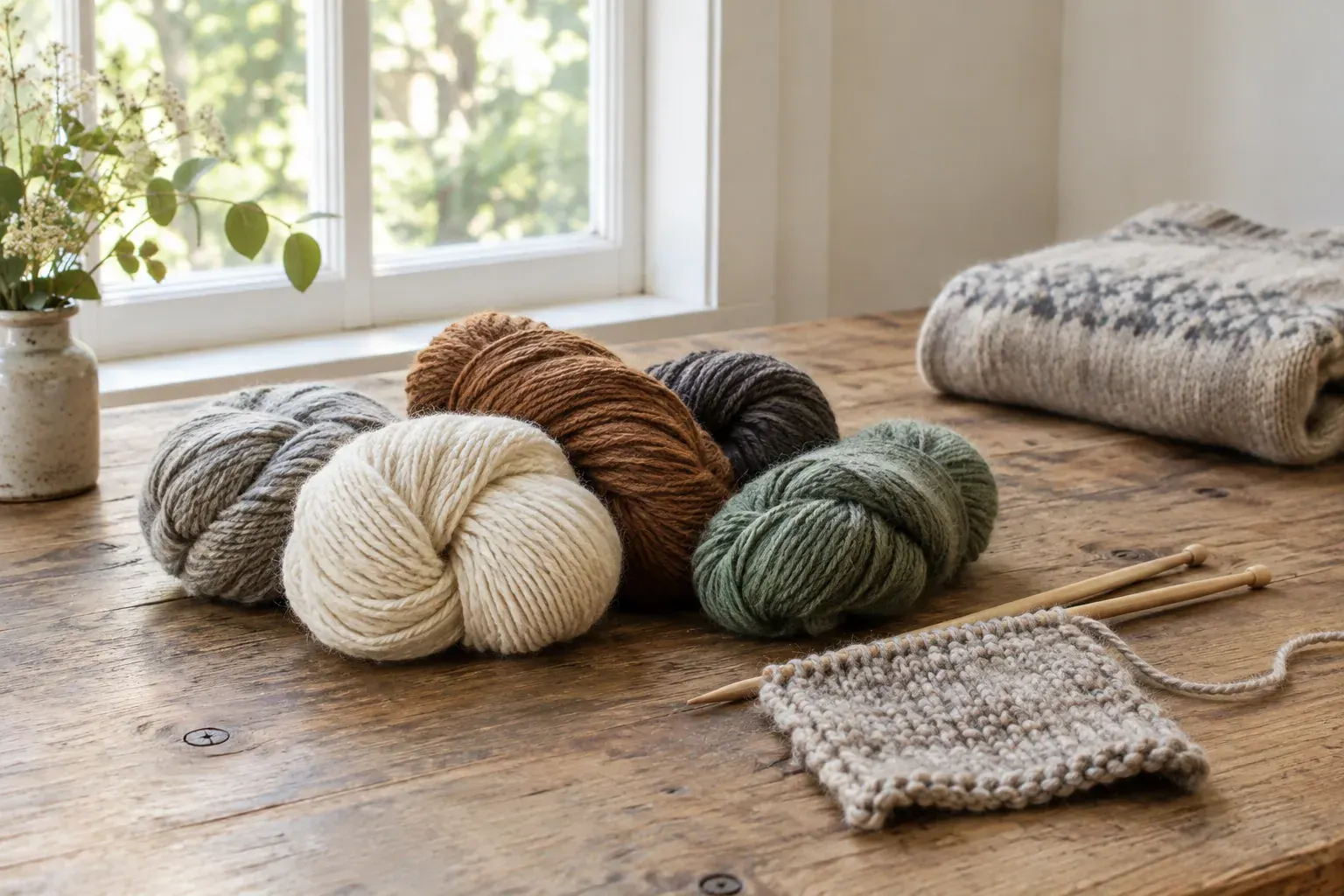 Wool yarn skeins, knitting needles and a swatch arranged on a sunlit worktable