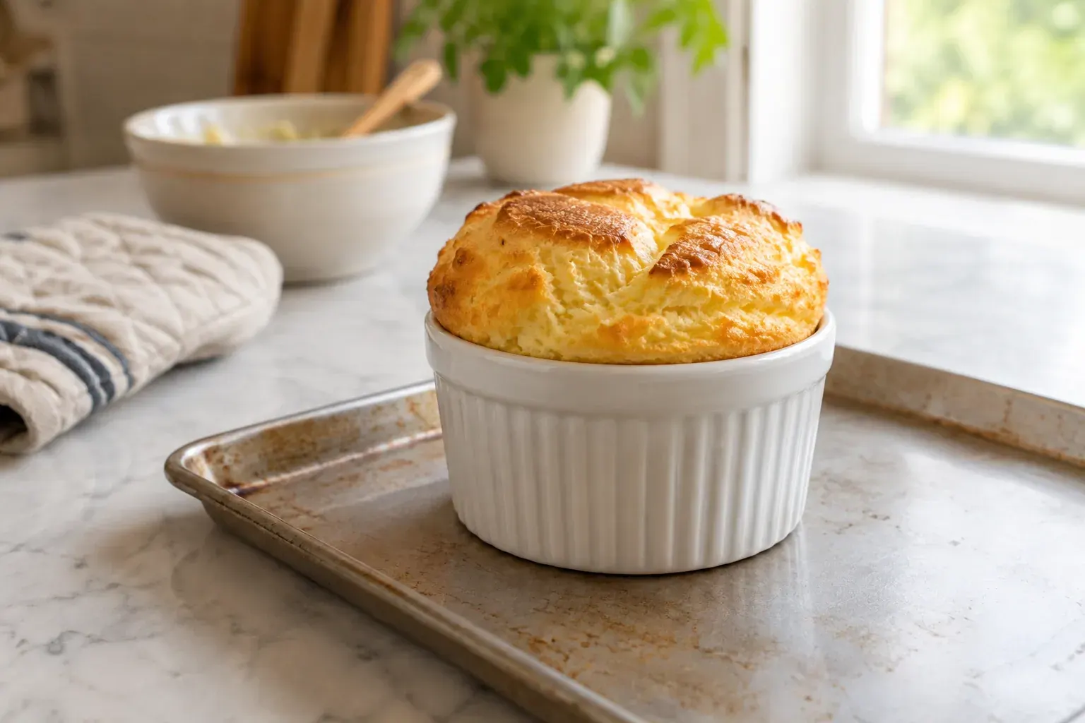 A golden soufflé rises above the rim of a white ramekin on a kitchen counter.