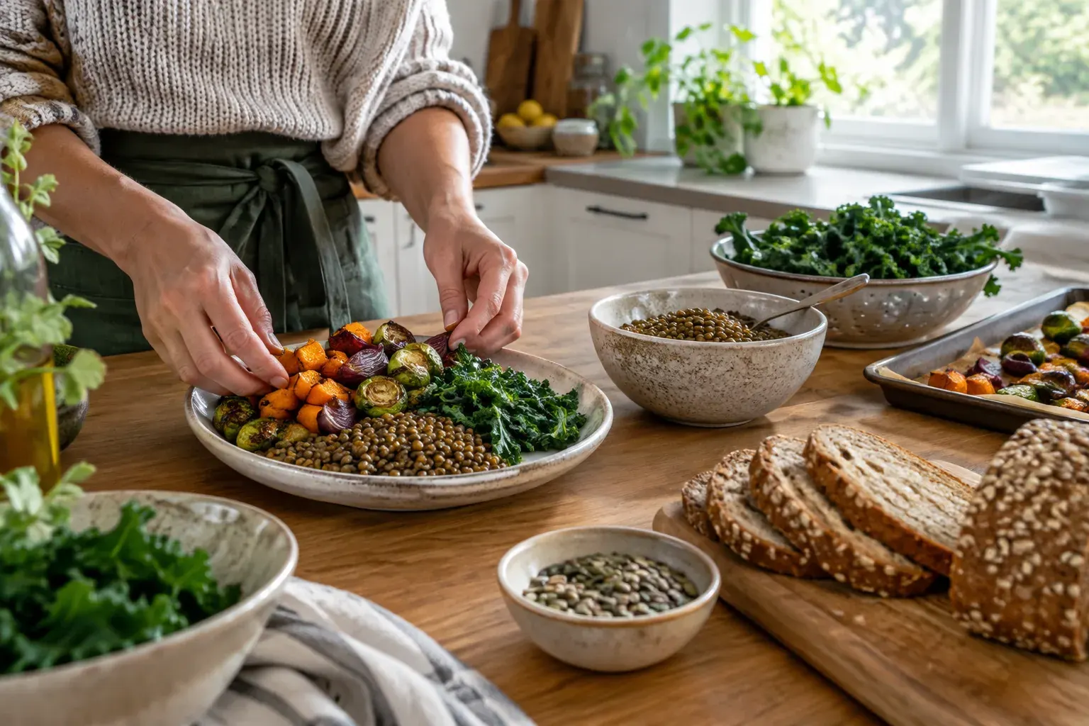 Hands arranging a vegetarian meal with lentils, vegetables, greens and whole-grain bread.