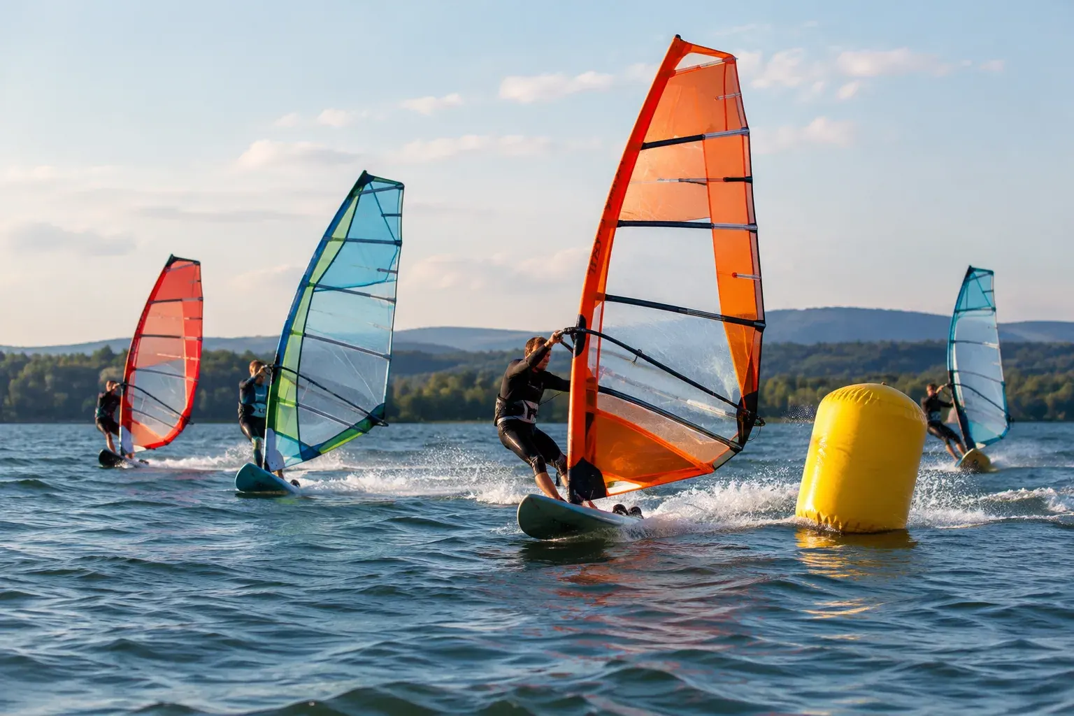 Windsurfers rounding a buoy during a slalom race on a lake