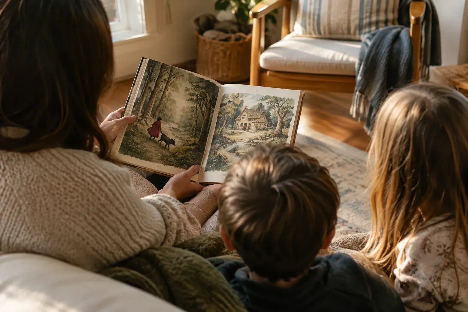 An adult reads a traditional storybook to two children in a warmly lit living room.