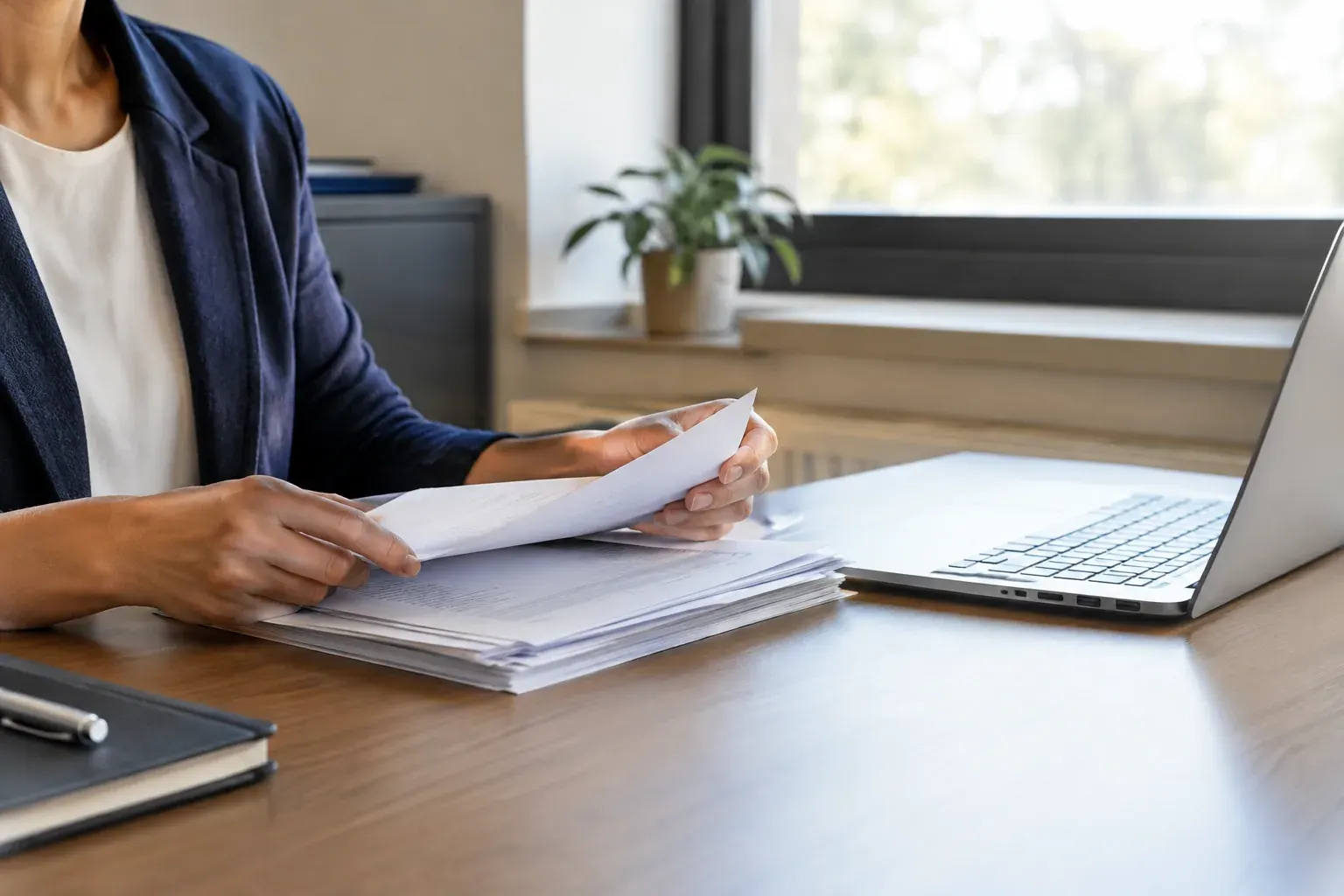 A government employee reviews job application papers at a desk in a public office.