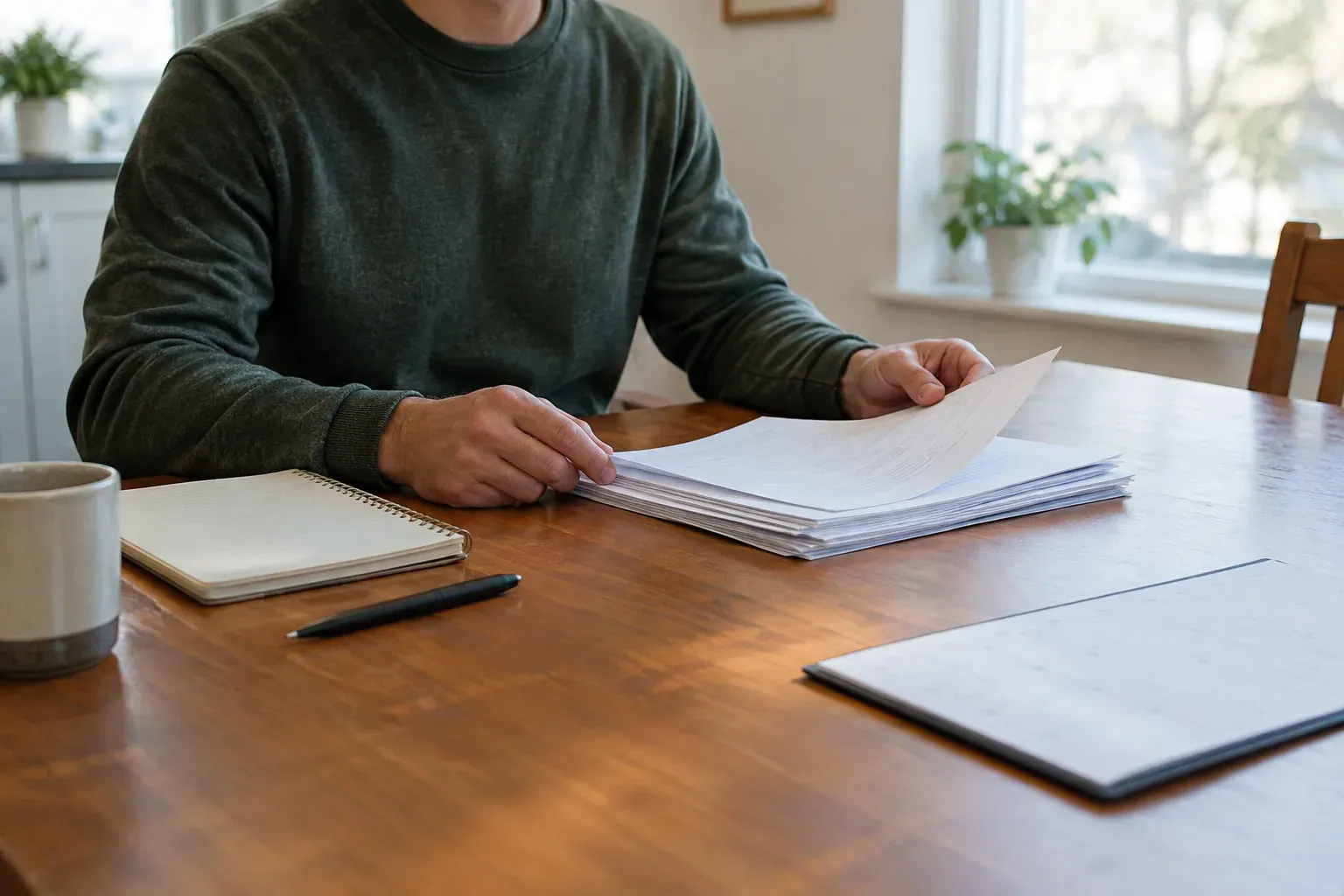 A prospective service member reviews enlistment paperwork at a kitchen table.