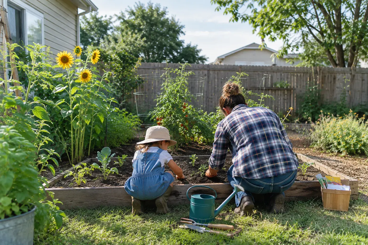 A child and adult planting seeds together in a raised backyard garden bed