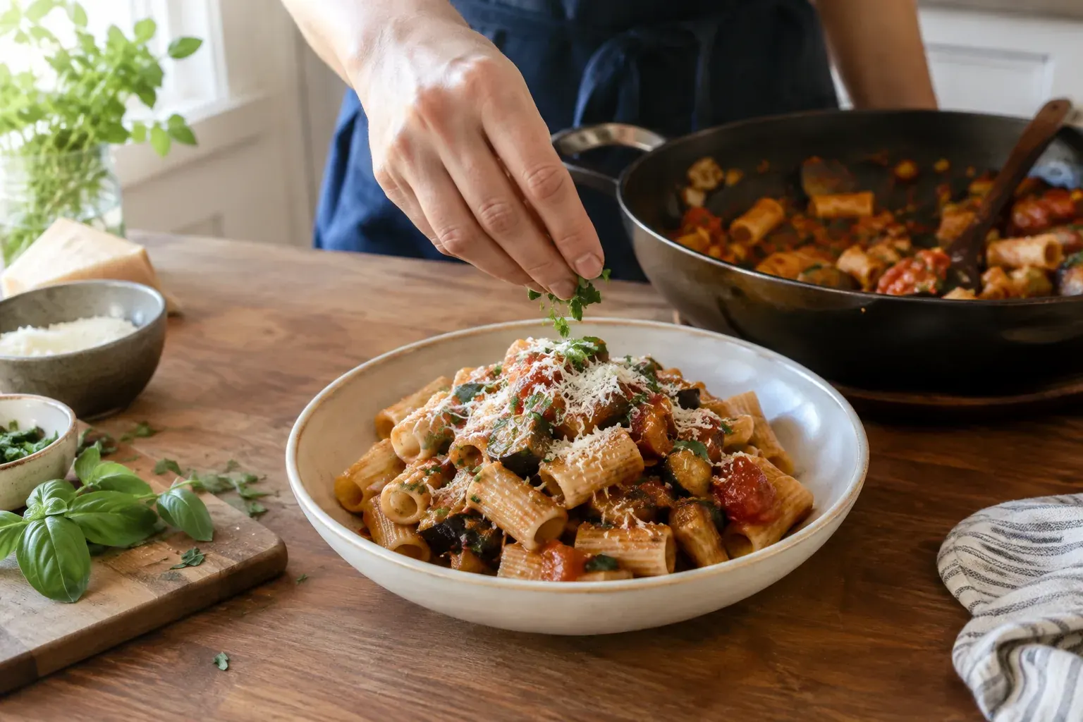 Hands toss rigatoni with tomato sauce in a home kitchen.