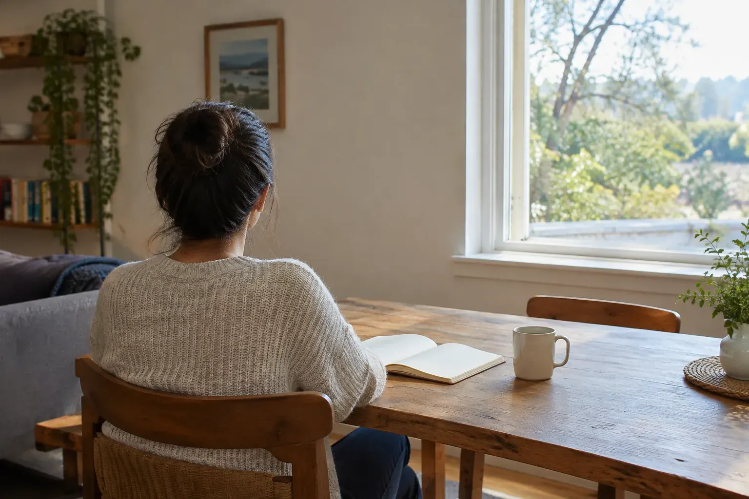 A person reflects beside a blank journal at a sunlit kitchen table.