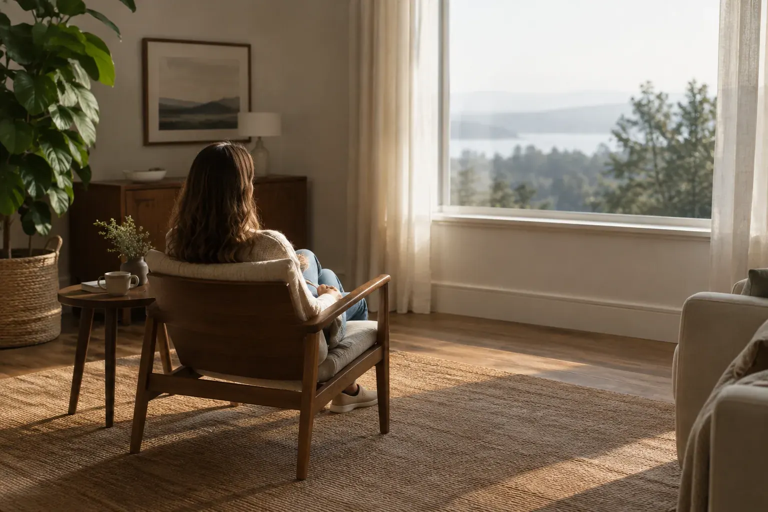 A person sits quietly in a chair for meditation in a softly lit home.