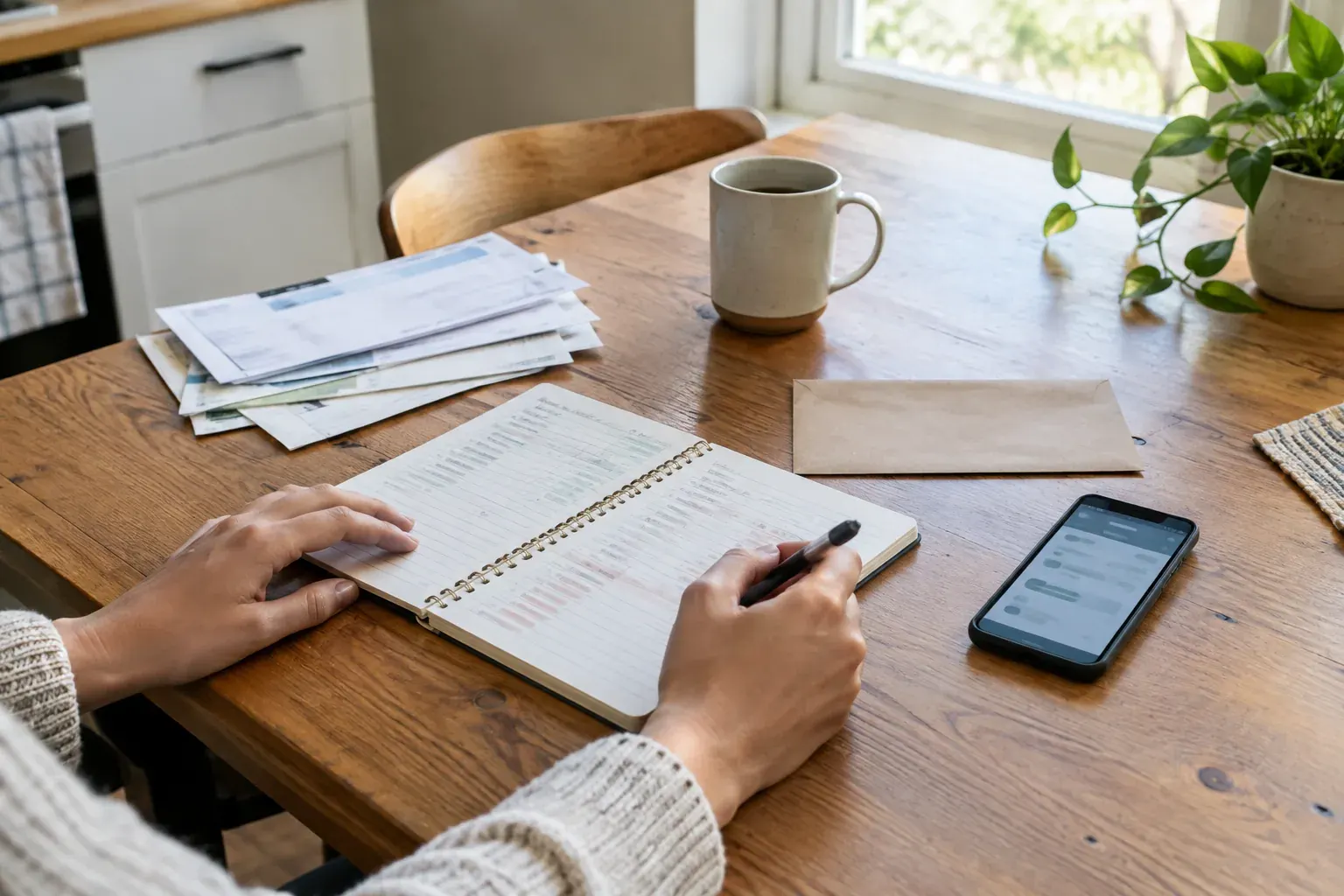 Hands reviewing a household budget beside a savings envelope at a kitchen table