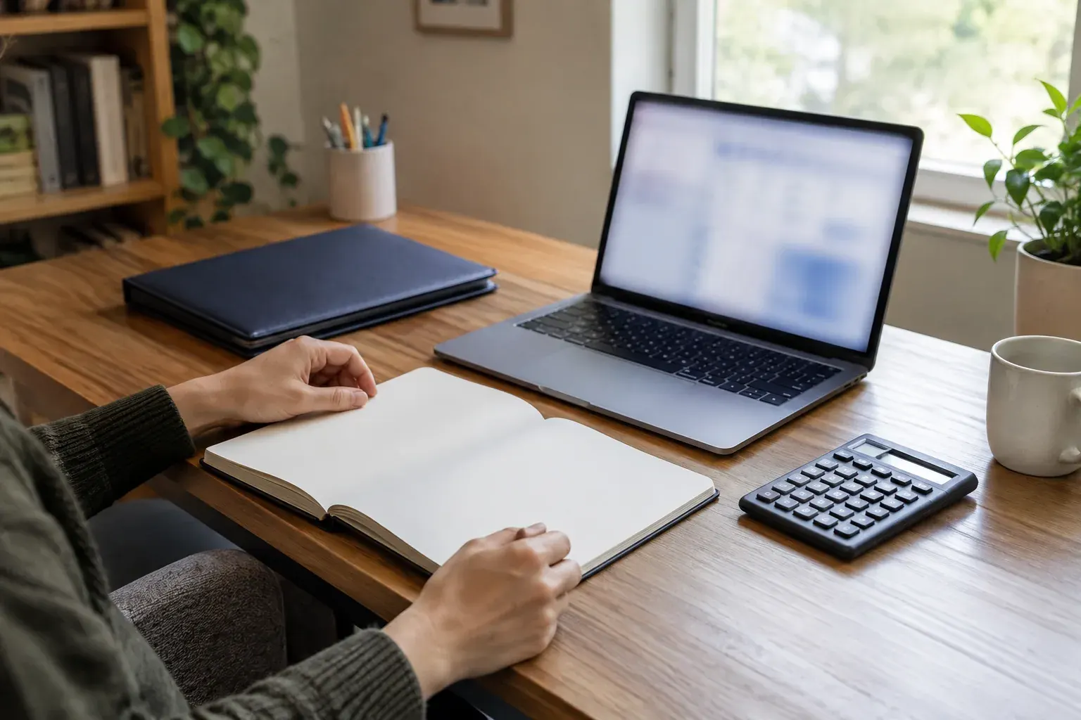 Hands reviewing notes and preparing for a workplace compensation conversation at a desk.