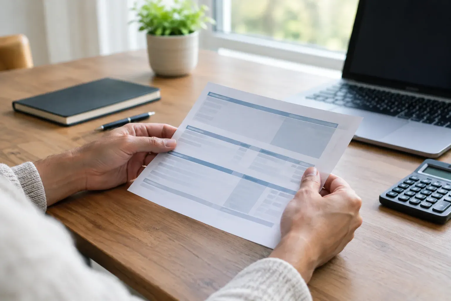 Hands reviewing a pay stub beside a calculator and notebook at a home desk.