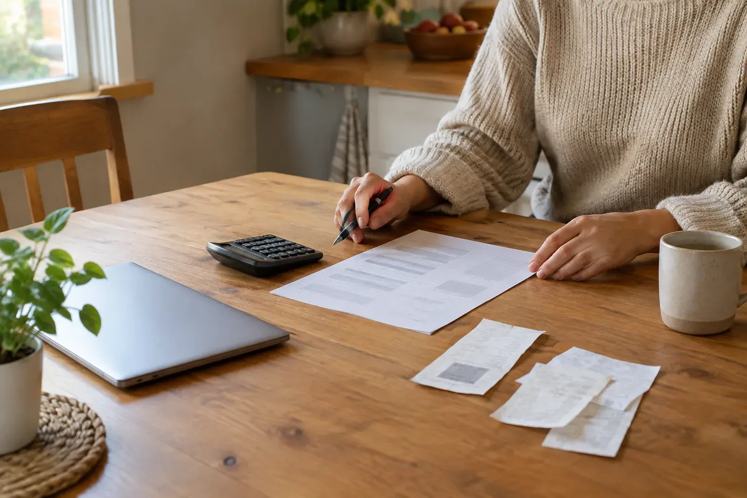 Hands arranging a household budget worksheet, calculator and receipts on a kitchen table.