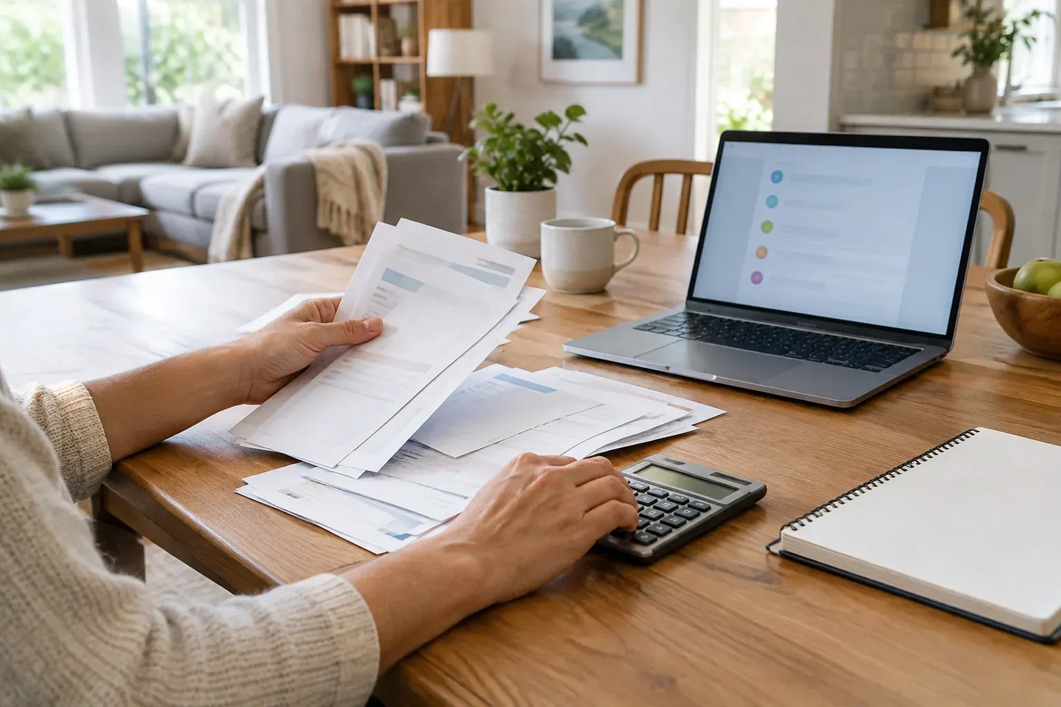 Hands sorting household bills beside a calculator and notebook at a kitchen table.