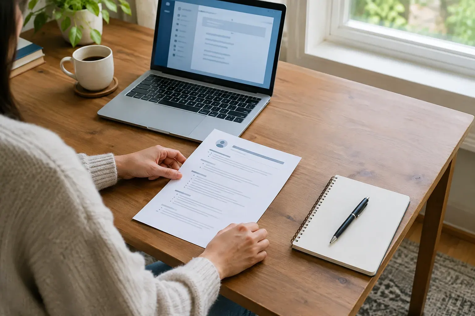 Hands review a printed resume beside a laptop at a home desk.