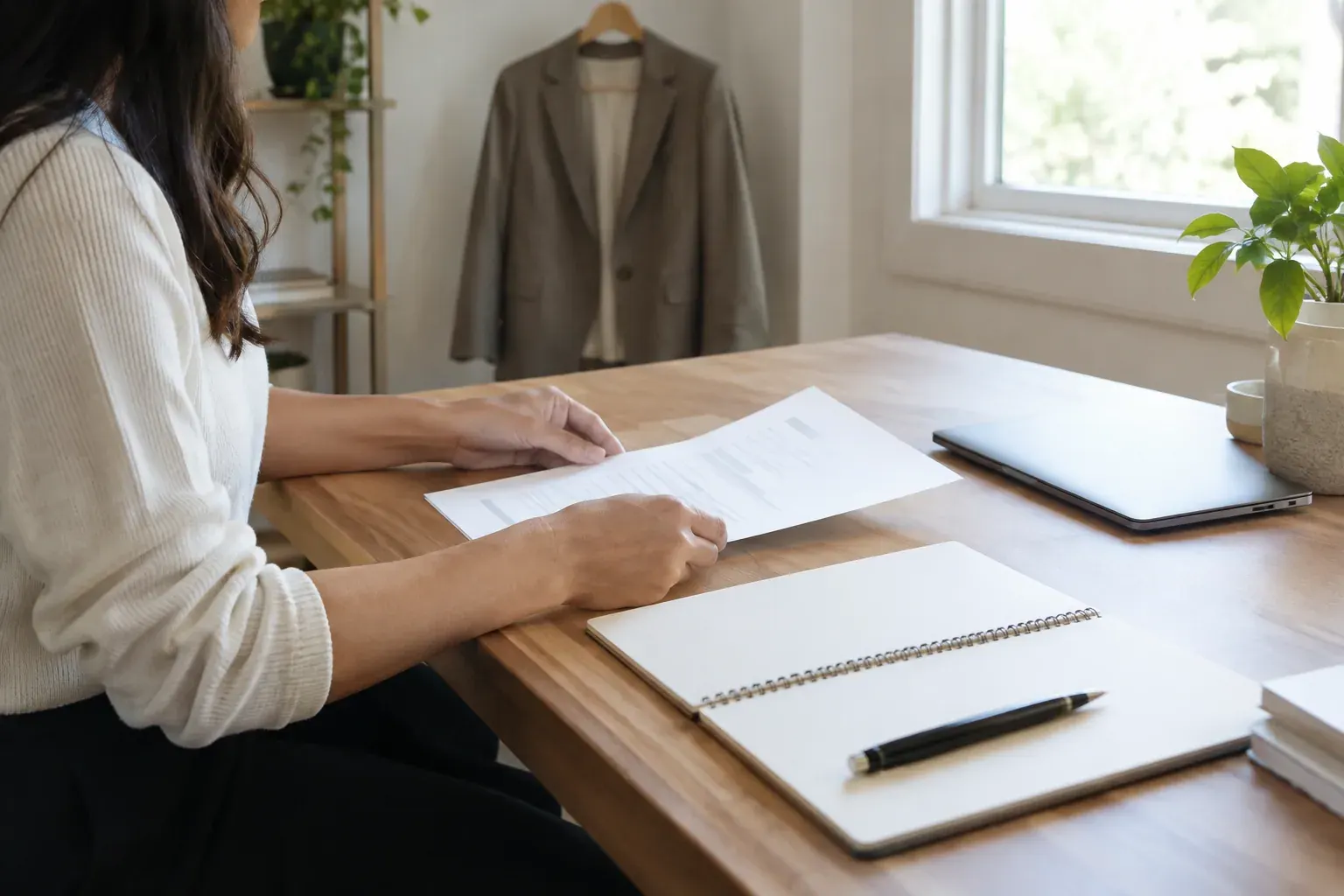 Hands arrange a resume and notebook beside a laptop while preparing for a job interview.