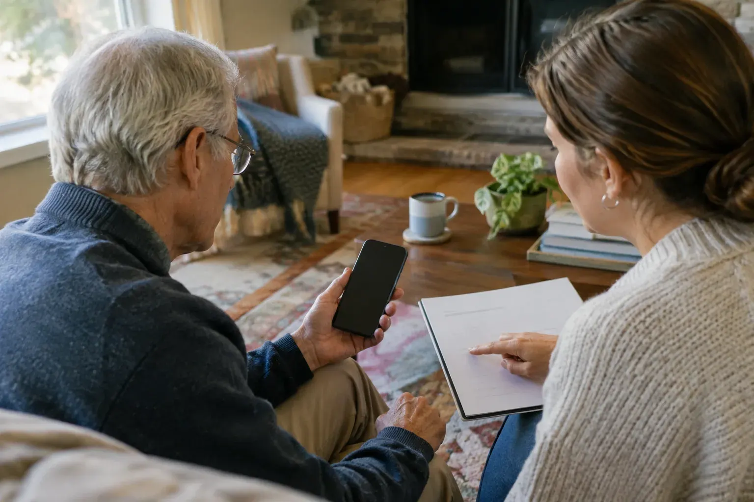 An older adult and relative review a phone together while discussing scam prevention.