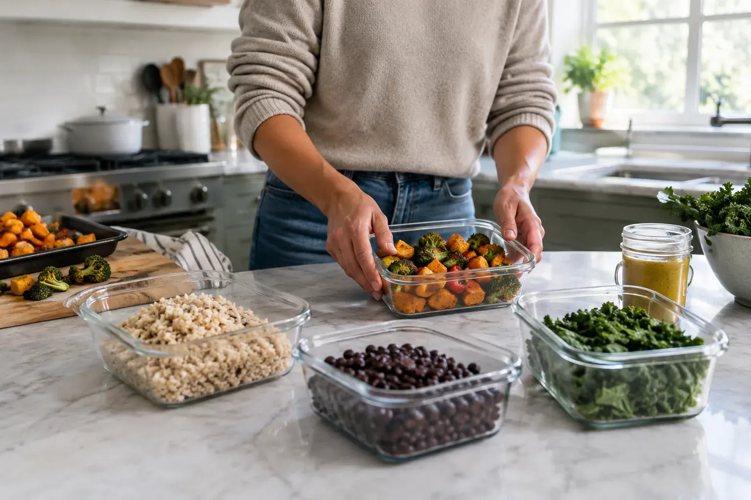 Hands portioning rice, beans and roasted vegetables into meal prep containers on a kitchen counter.